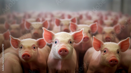 Curious small piglet. Pig indoor on farm. Pork livestock breeding. Generative AI