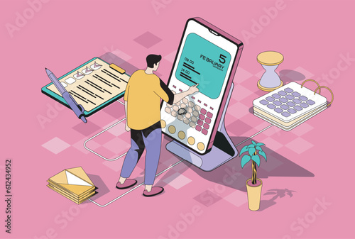 Planning concept in 3d isometric design. Man making appointment using mobile app calendar, work with task list, reminders and notes. Vector illustration with isometry people scene for web graphic
