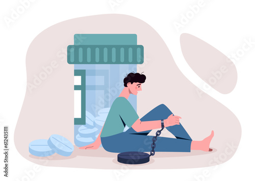 Man with pill addiction concept. Young guy near jar of medicines, painkillers and antidepressants. Sad patient with medications with drug addiction. Cartoon flat vector illustration