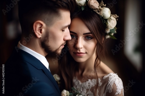 Bride and groom hugging each other at wedding. Generative AI