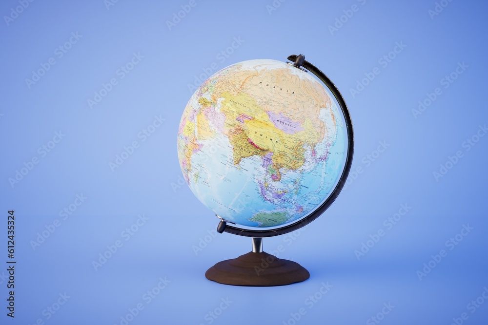 The concept of traveling around the world. Globe on a stand on a blue background. 3D render The concept of traveling around the world. Globe on a stand on a blue background. 3D render
