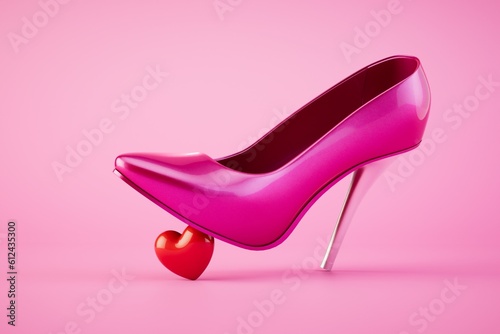 The concept of unrequited love. A red woman's shoe tramples the heart. 3D render