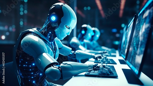 A robot is immersed in its work, typing away on a computer. Generative AI © REC Stock Footage