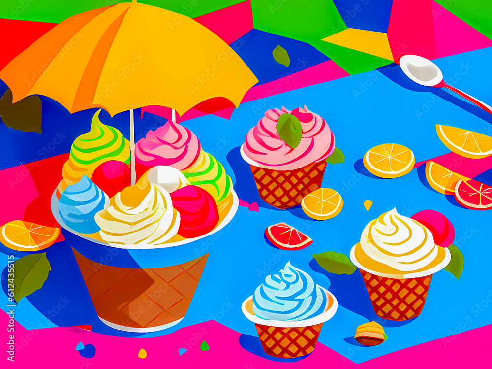 Ice cream sweet treats on summer day. Funny ice cream cones and scoops in bright multicolored