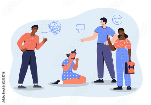 Bullying in team concept. Men and women criticize young girl. Psychological abuse and mental problems. Mobbying and blaming, shame. Upset character sitting. Cartoon flat vector illustration
