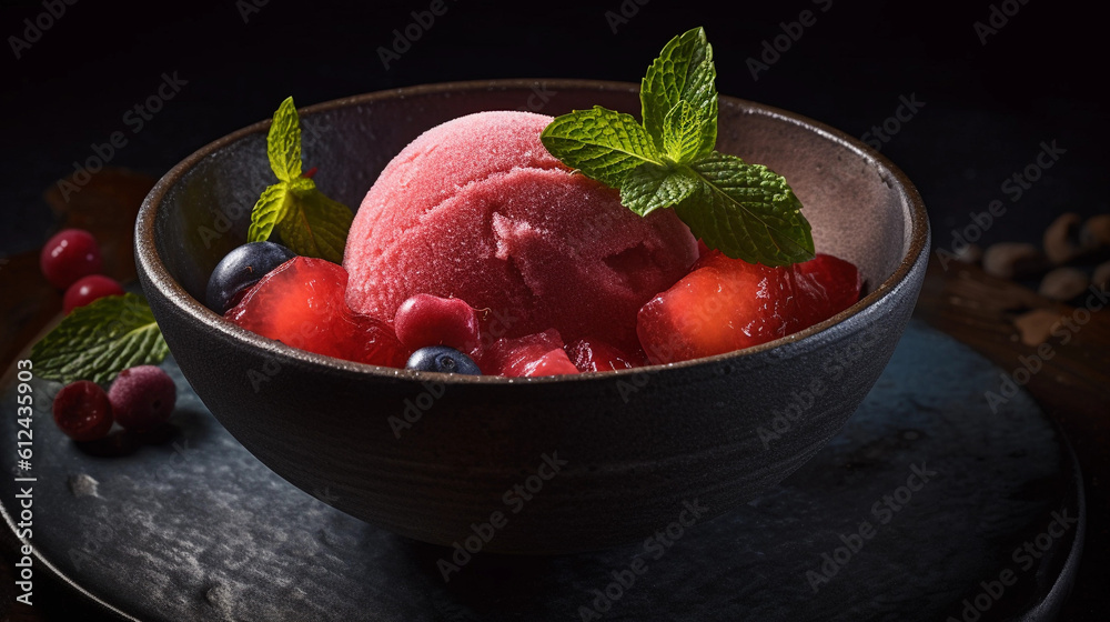 A frozen fruit sorbet, artfully arranged in a bowl and garnished with mint leaves A frozen fruit sorbet, artfully arranged in a bowl and garnished with mint leaves