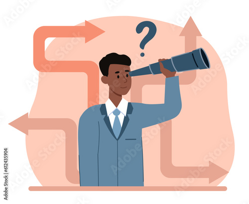 Man choose right path concept. Young guy in auit with telescope. Planning and setting goals, developing strategy and vision for future. Leadership and motivation. Cartoon flat vector illustration