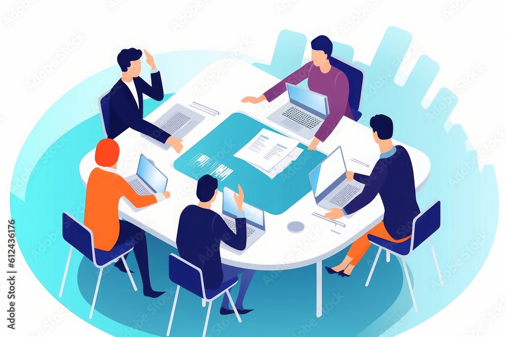 Discussion. The team discusses around the table. illustration, Generative AI Discussion. The team discusses around the table. illustration, Generative AI