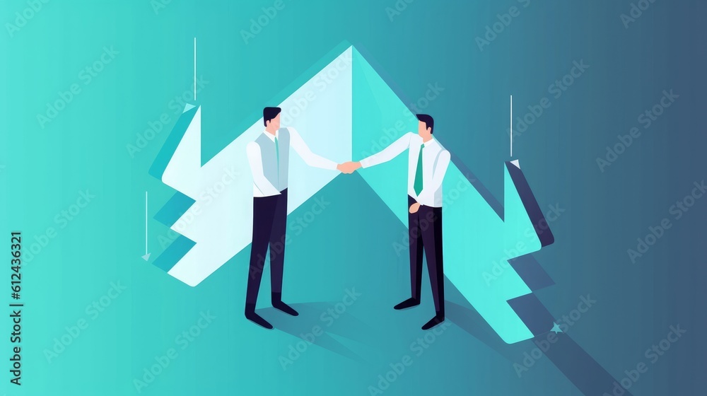 Joint venture. Collaboration. Project. Business people shaking hand in front of a rising arrow. Business illustration, Generative AI