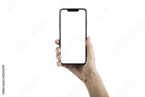 Young girl or women hand holding black smartphone isolated on white background