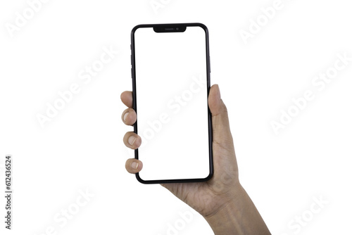 Close up women Hand holding smartphone on white background