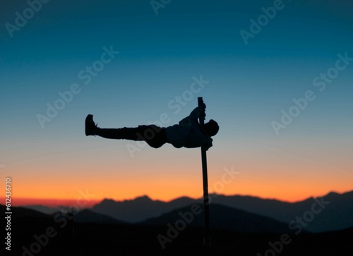 Closeup of a man on a street workout against the sunset sky