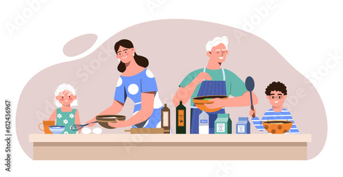 Family cooking at kitchen concept. Man and woman with children with food and plates. Healthy eating and homemade food. Routine and household chores, preparing lunch. Cartoon flat vector illustration