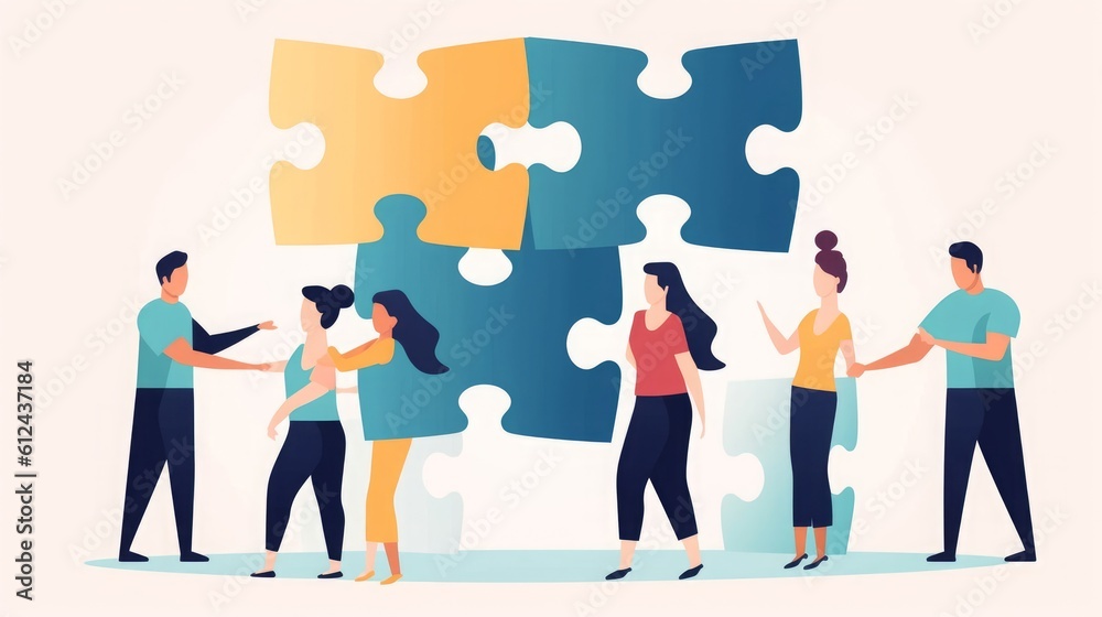 Obraz premium People holding puzzle elements. Concept of teamwork, cooperation. illustration, Generative AI