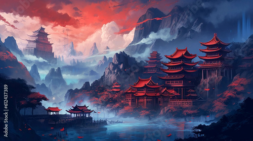 Majestic Chinese Temple amidst Dark Azure, Crimson, and Mountain Vistas. Asian Mountains In A Fantastic Mediaval World. Generative AI