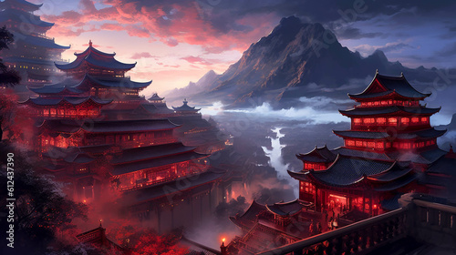 Beautiful Chinese Temple in Dark Azure and Crimson Colors. Fantastic Panoramic Mountain Views. Generative AI