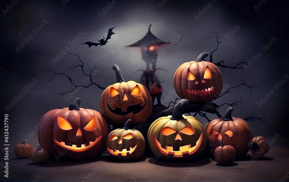 Halloween festive decoration with pumpkin lanterns and various scary figures copy space. Greeting card, background or wallpaper. Halloween holiday concept. Generative AI. Halloween festive decoration with pumpkin lanterns and various scary figures copy space. Greeting card, background or wallpaper. Halloween holiday concept. Generative AI.