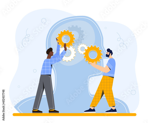 People with mental health concept. Men with gears in their hands against background of abstract silhouette of head. Psychology and awareness, help and support. Cartoon flat vector illustration