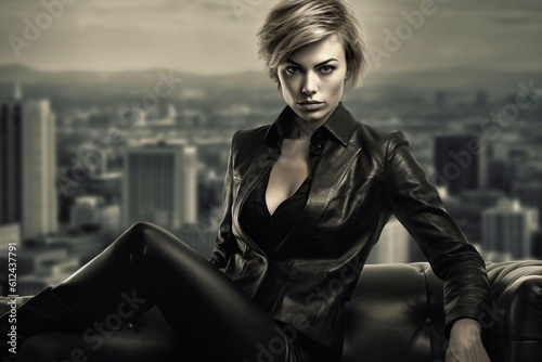 woman in black leather outfit in front of a skyline created with Generative AI technology