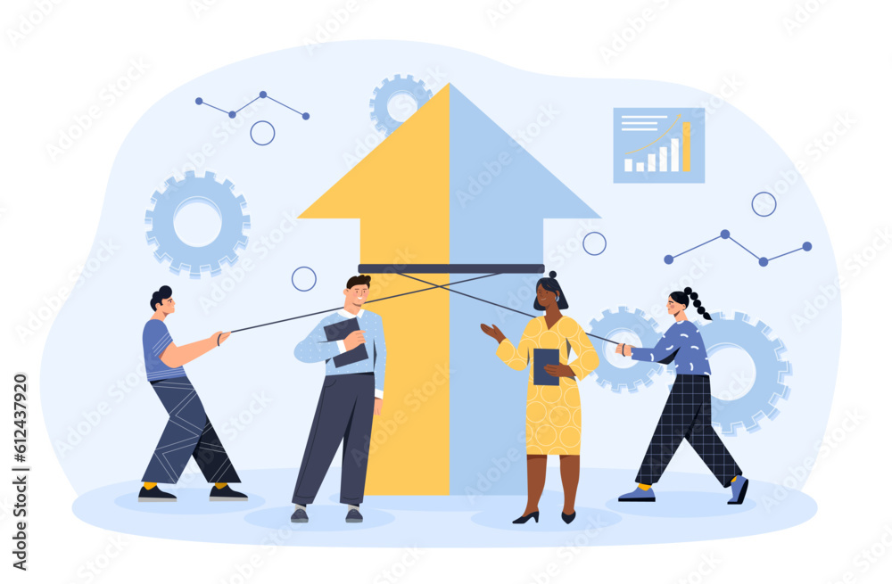 Merger of two companies concept. Men and women near large multicolored ...