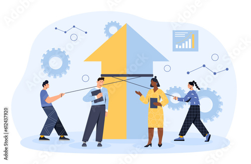 Merger of two companies concept. Men and women near large multicolored arrow. Collaboration and cooperation, teamwork and partnership. Business project or start up. Cartoon flat vector illustration