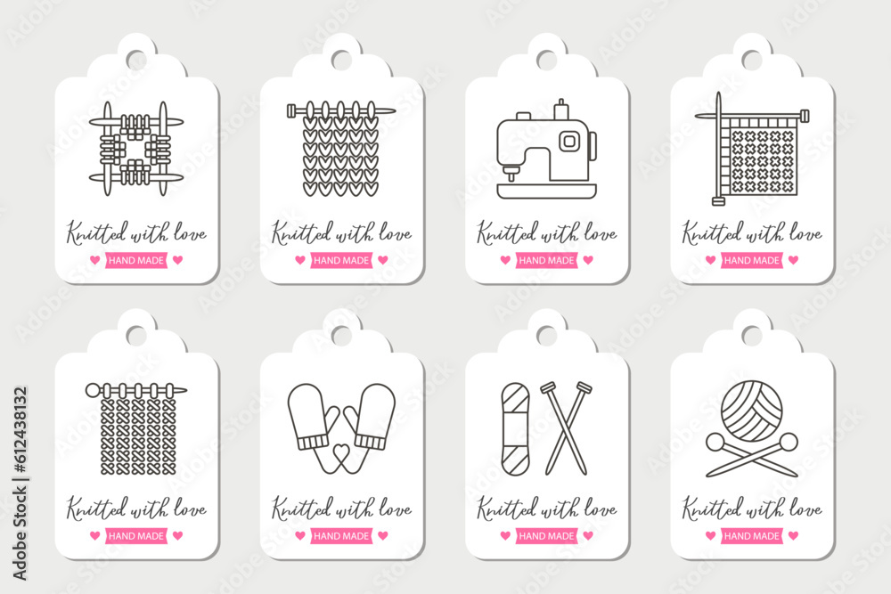 Set of labels Knitting. knitting needles with skeins of yarn and