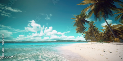 A tranquil beach scene with palm trees swaying in the gentle ocean breeze. Generative AI 