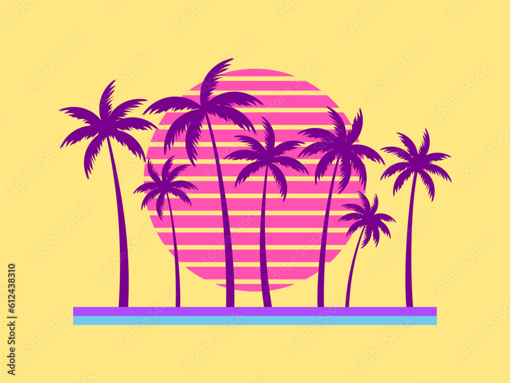 Palm trees against the backdrop of a retro sun in the style of the 80s. Curved palm trunks. Design for printing advertising brochures, banners and posters. Vector illustration