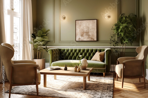 Foto Classic interior design of living room with green velvet tufted sofa and two beige armchairs