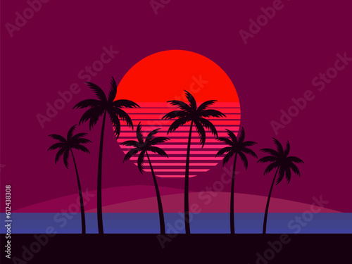 Black silhouettes of palm trees at sunset. Tropical landscape with palm trees and red sun in 80s style. Design for posters  banners and printing of promotional products. Vector illustration