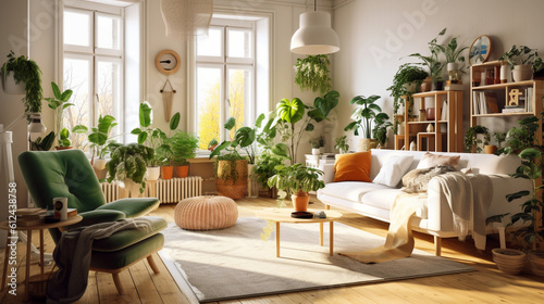 A fresh and vibrant Scandinavian living room featuring indoor plants, adding a touch of greenery and natural beauty to the space, creating a calming and rejuvenating environment Generative AI © Наталья Евтехова