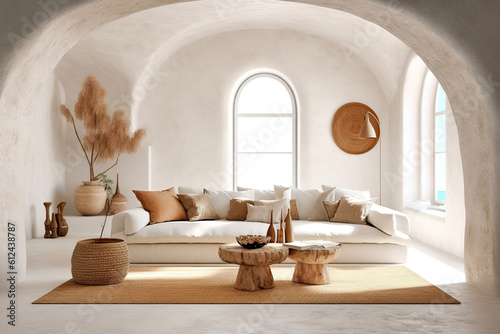 White sofa in boho style room with arched window and stucco walls. Rustic interior design of modern living room. Created with generative AI technology.