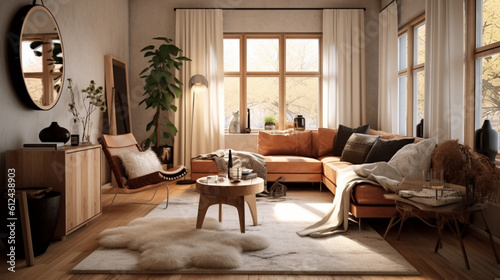A Scandinavian-inspired living room with a mix of natural materials like leather, wood, and fur, creating a warm and tactile ambiance that embraces nature's elements Generative AI © Наталья Евтехова
