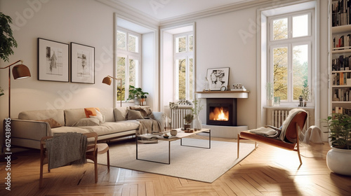 A stunning Scandinavian living room with a focal point fireplace surrounded by sleek white walls, accented by a mix of modern and vintage furniture for a harmonious blend of styles Generative AI © Наталья Евтехова