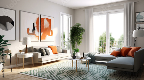 A sleek and modern Scandinavian living room with a focus on geometric patterns  incorporating them through rugs  cushions  and artwork  adding visual interest and a contemporary to Generative AI