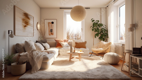 A Scandinavian living room with a mix of textures  such as a shaggy rug  knitted poufs  and velvet cushions  providing a tactile experience and enhancing the cozy ambiance Generative AI