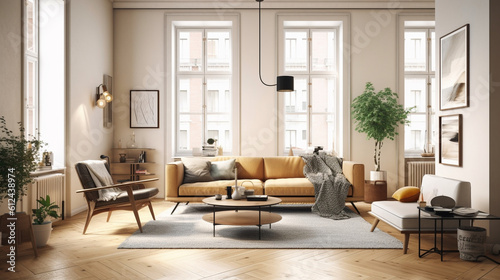 A stylish Scandinavian living room featuring a statement piece, such as a mid-century modern armchair, against a backdrop of light-toned walls and minimalistic decor Generative AI © Наталья Евтехова