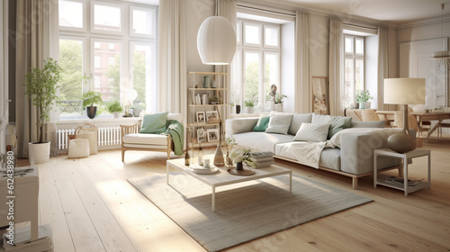 An airy and bright living room in Scandinavian design  characterized by large windows  light wood flooring  and a combination of white and pastel hues  providing a refreshing and s Generative AI