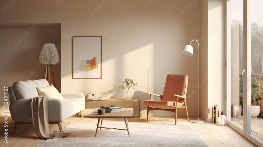 A stylish Scandinavian living room featuring a statement piece, such as a mid-century modern armchair, against a backdrop of light-toned walls and minimalistic decor Generative AI