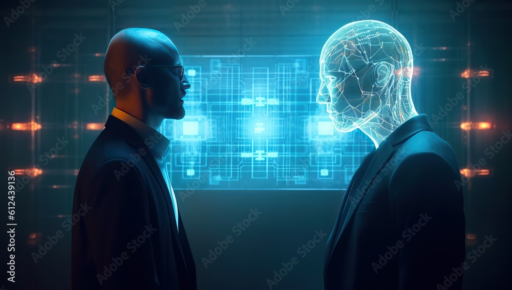 Human and robot Ai chatting and communicating. Future technology technology or machine learning concept, artificial intelligence technology Human and robot Ai chatting and communicating. Future technology technology or machine learning concept, artificial intelligence technology