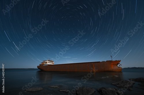 Huge rusty ship on the water with long exposure stars in the night sky