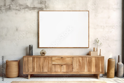 Rustic wooden sideboard near stucco wall with blank mockup poster frame with copy space. Boho interior design of modern living room. Created with generative AI