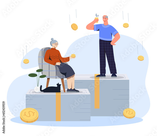 Elderly people with retirement concept. Man and woman on armchair surrounded by gold coins. State financial assistance. Happy senior pensioners indoor. Cartoon flat vector illustration
