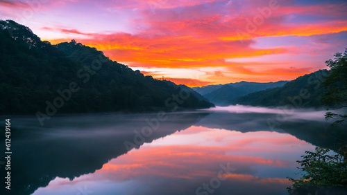 Reflection in the lake water with a scenic sunset sky in the background