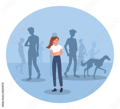 Sad woman in solitude concept. Young girl looks at silhouettes of people. Mental problems and psychological disorder. Negative emotions, pain and sadness. Cartoon flat vector illustration