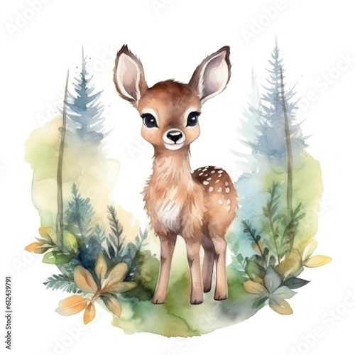 Watercolor cute baby deer. Illustration AI Generative.
