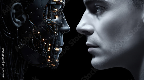 Robot VS Human Face. Illustration AI Generative.
