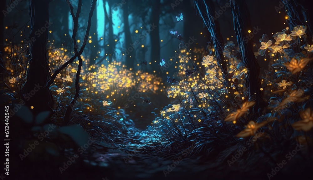Fairy forest at night, fantasy glowing flowers and lights. Generative AI