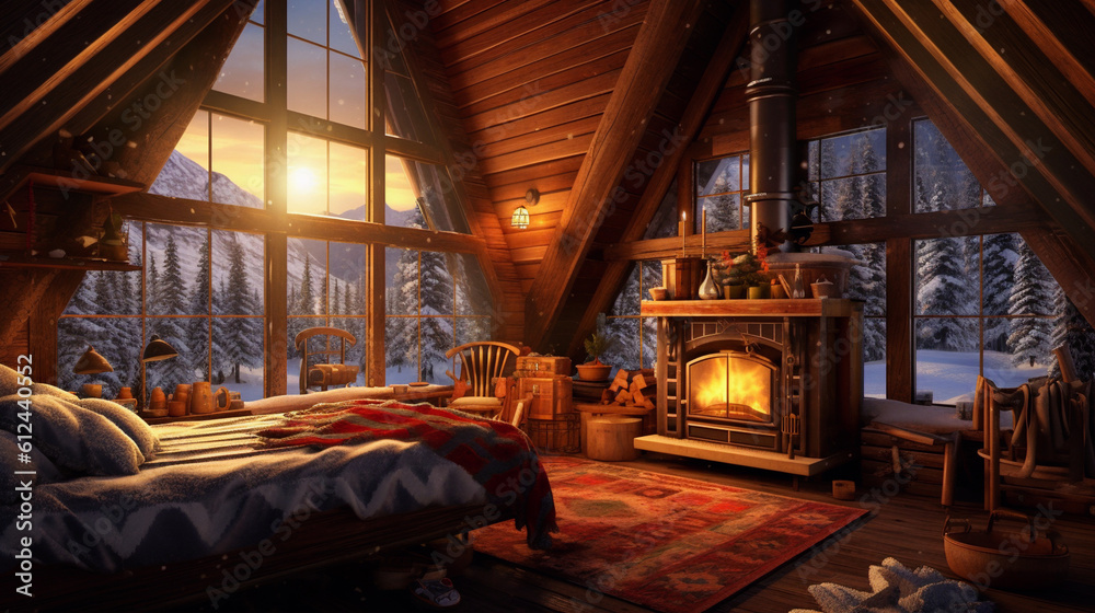 A cozy cabin lifestyle nestled in a snowy mountain landscape, with a crackling fireplace, warm blankets. Generative ai.