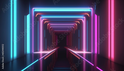 Abstract neon background with 3D render with pink, blue, and purple neon lines rising and shining in the UV range. Generative Ai.